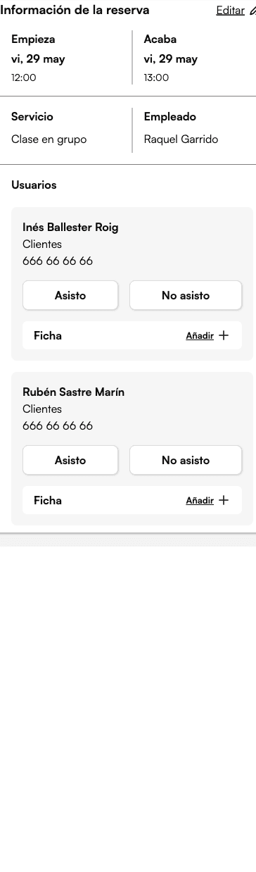 Panel de detalle de la reserva con asistentes y controles Asisto / Ficha