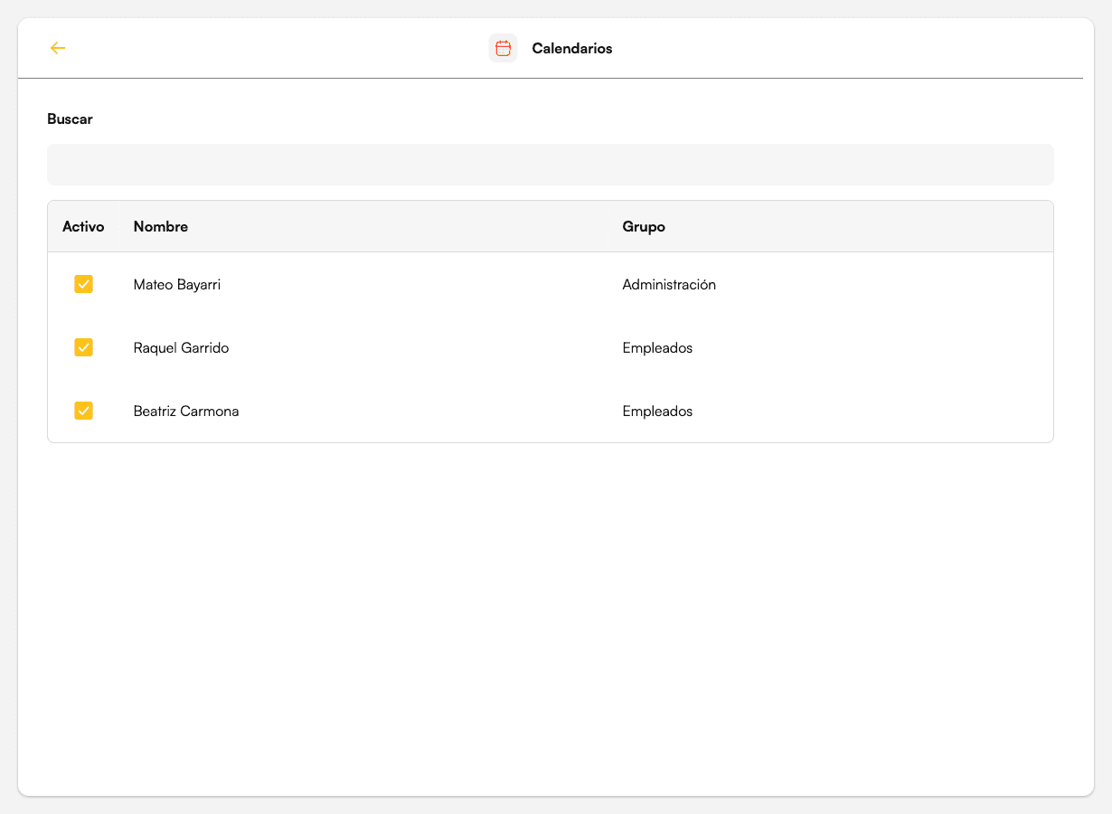 Pantalla Calendarios con la lista de calendarios activos