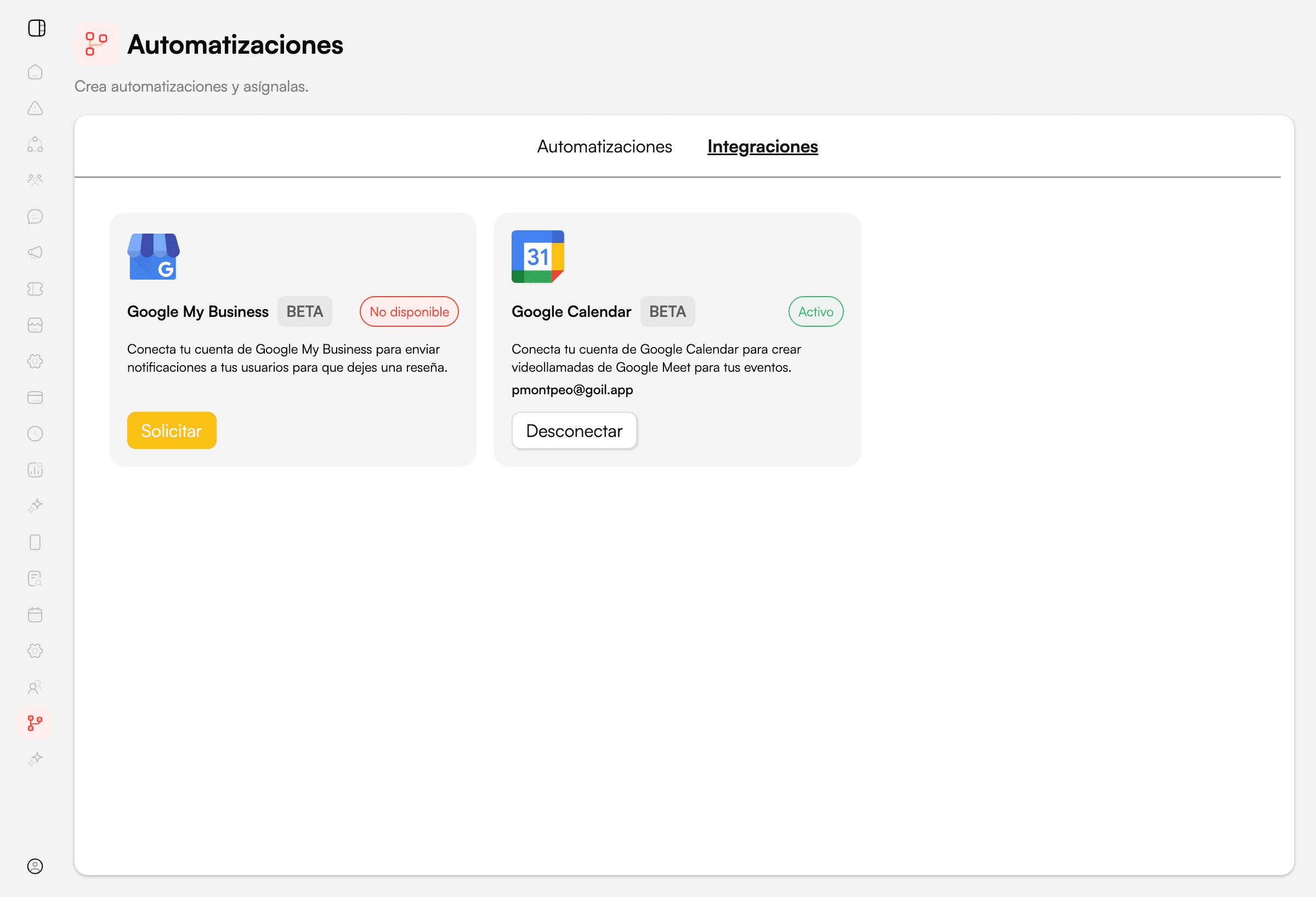 Tarjeta de Google Calendar conectada en Integraciones