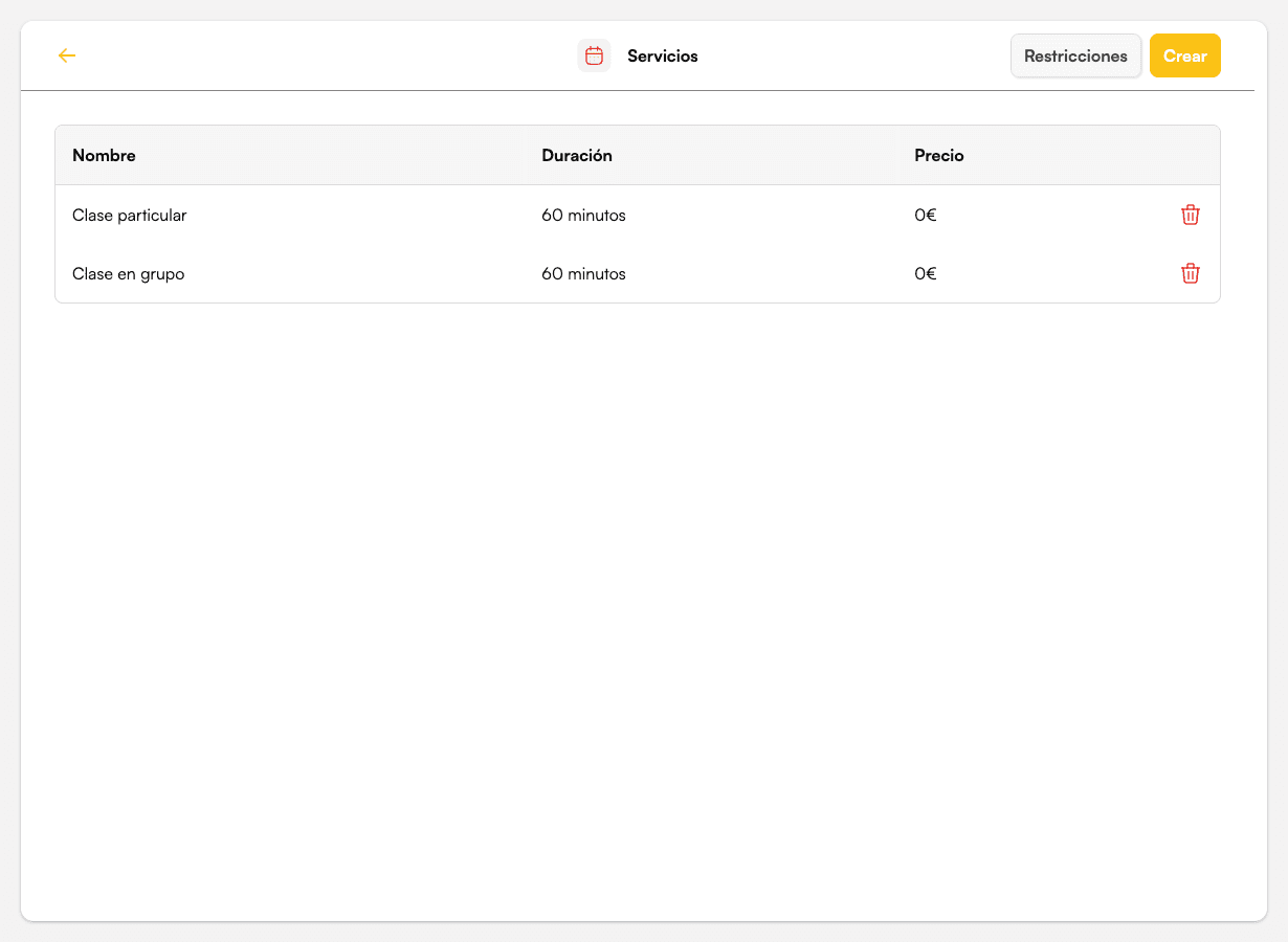 Pantalla Servicios con la lista y los botones Restricciones y Crear