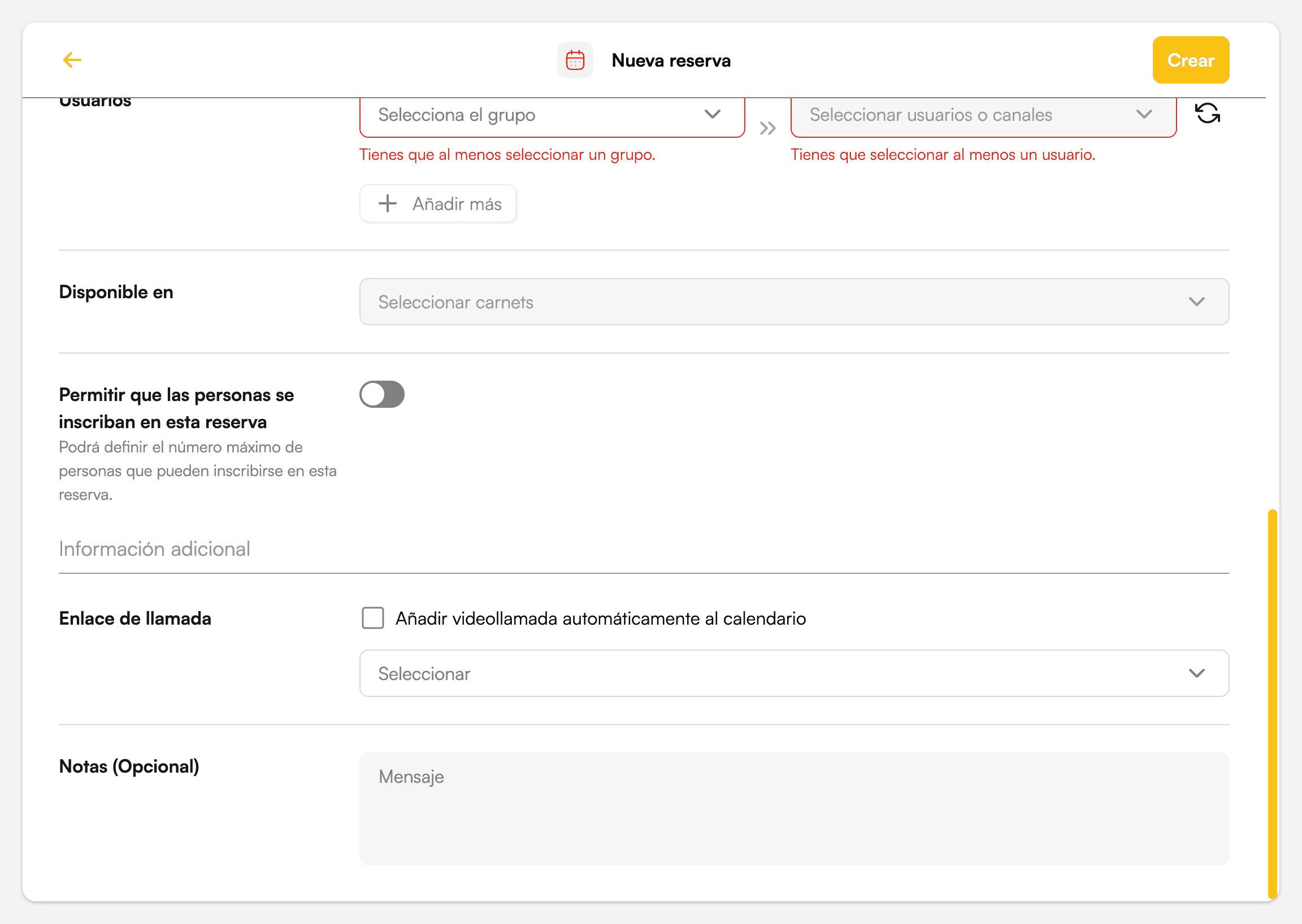 Interruptor Permitir que las personas se inscriban en esta reserva