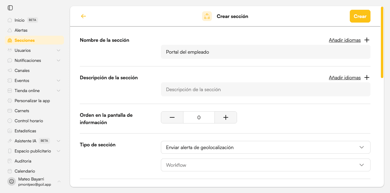 Formulario de crear sección con nombre