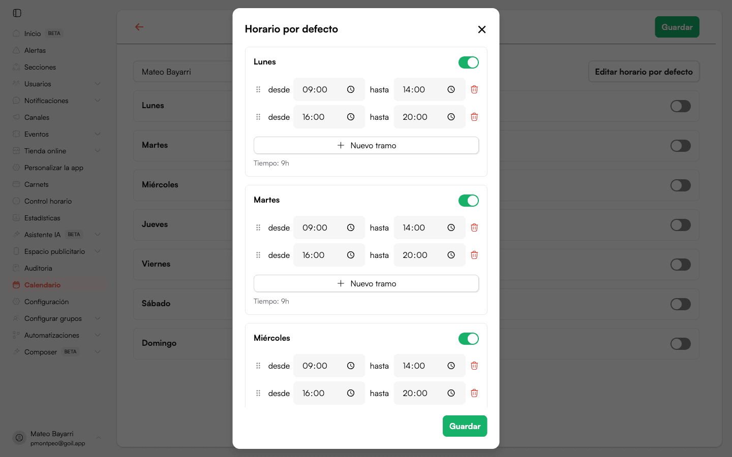 Diálogo Horario por defecto con los días de la semana configurados