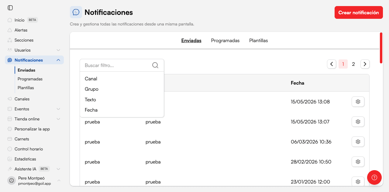 Panel de filtros