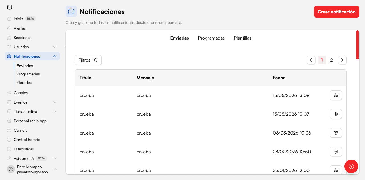 Listado de notificaciones enviadas