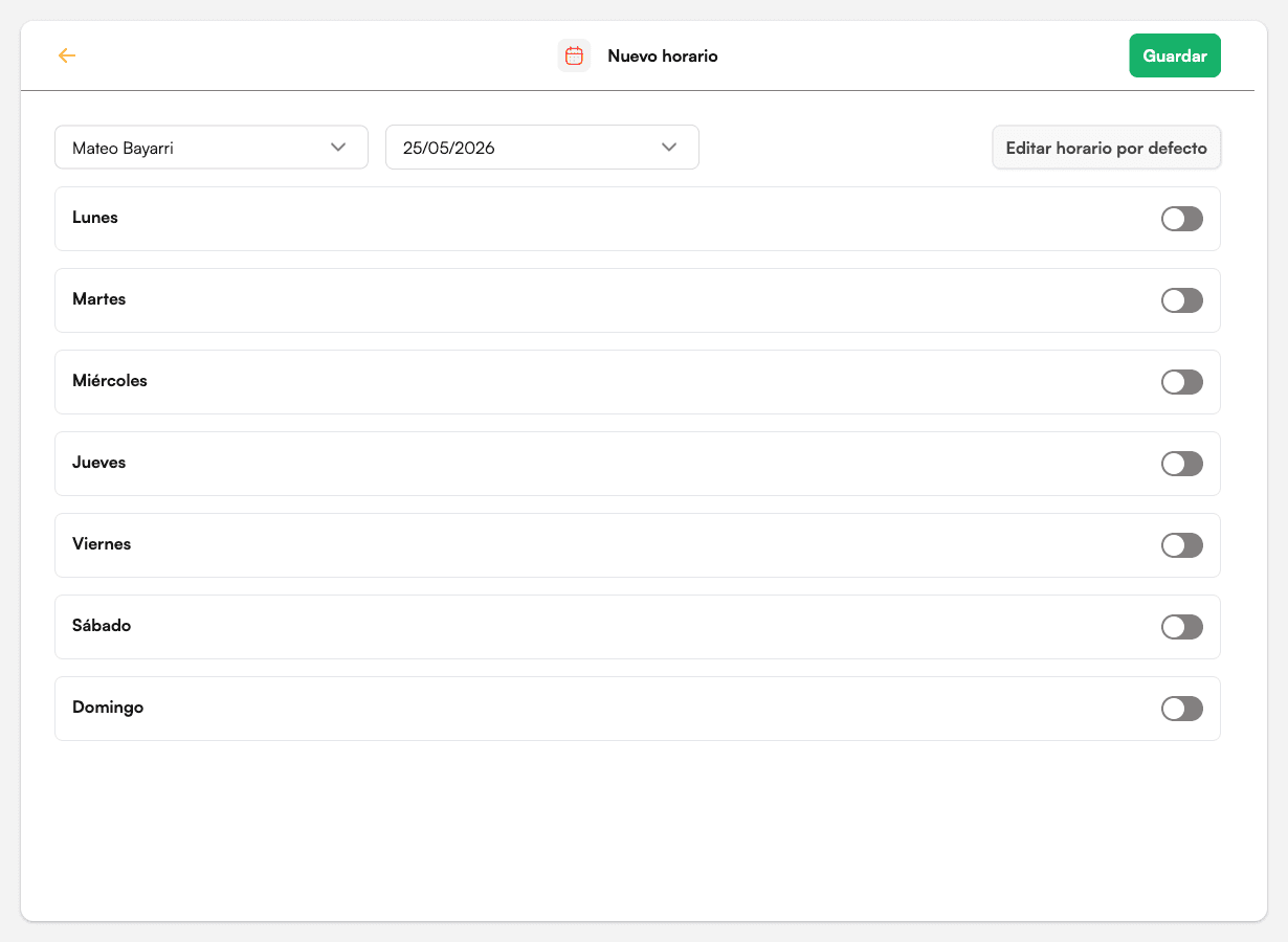Diálogo Nuevo horario con selector de calendario y de fecha