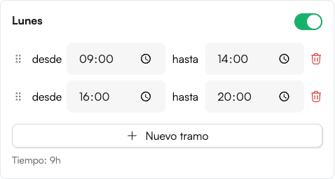 Un día con dos tramos, el botón Nuevo tramo y el total de tiempo