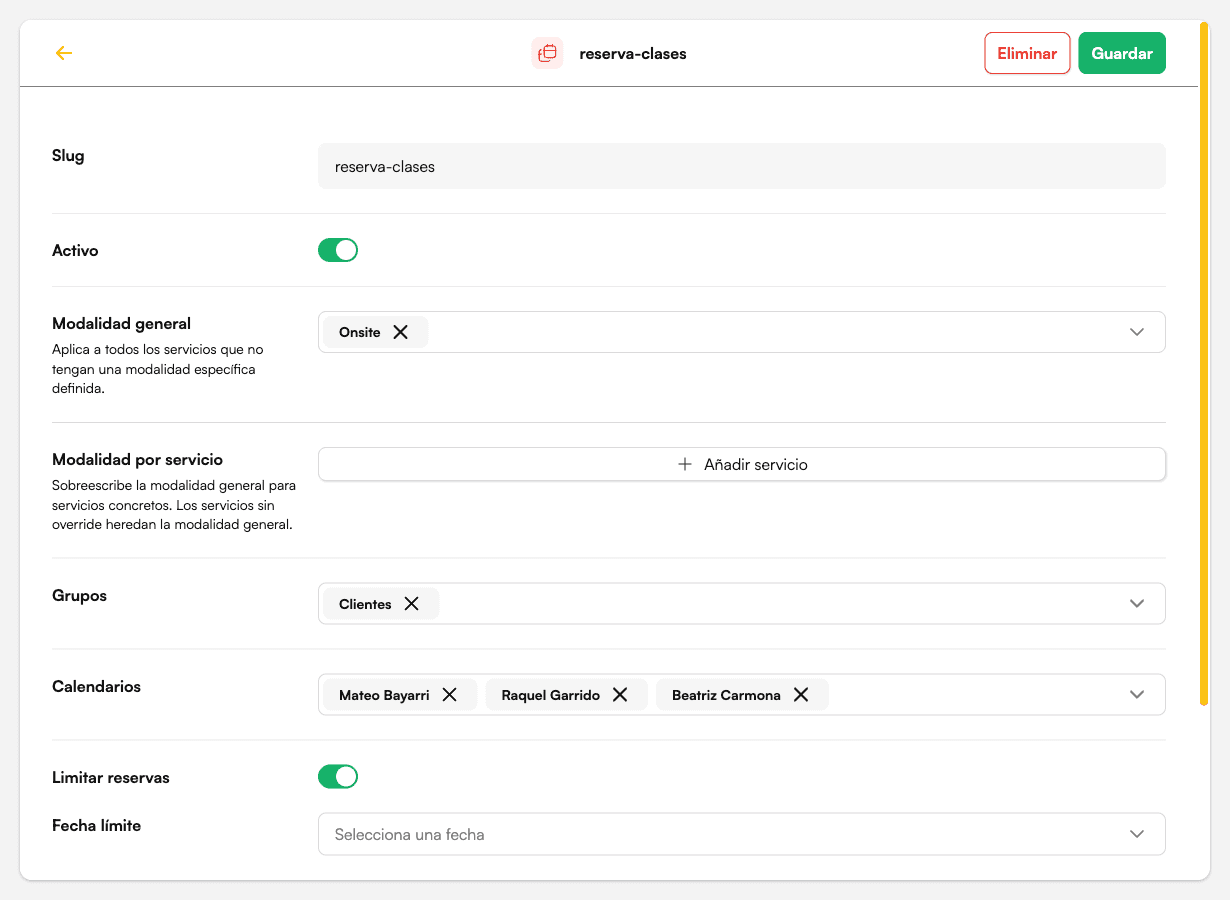 Formulario de edición del widget con Slug, Activo, Modalidad, Grupos, Calendarios y los límites de reservas